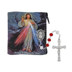 Red & White Crystal Divine Mercy Rosary with Pouch