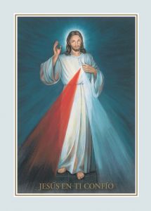 Imagen de la Divina Misericordia con fondo azul, con la pequeña frase "Jesús en ti Confío"